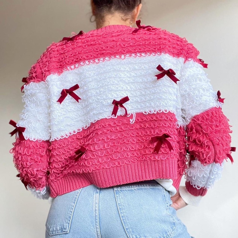 MIGHTY FINE. Pink and white bow cardigan. Size M